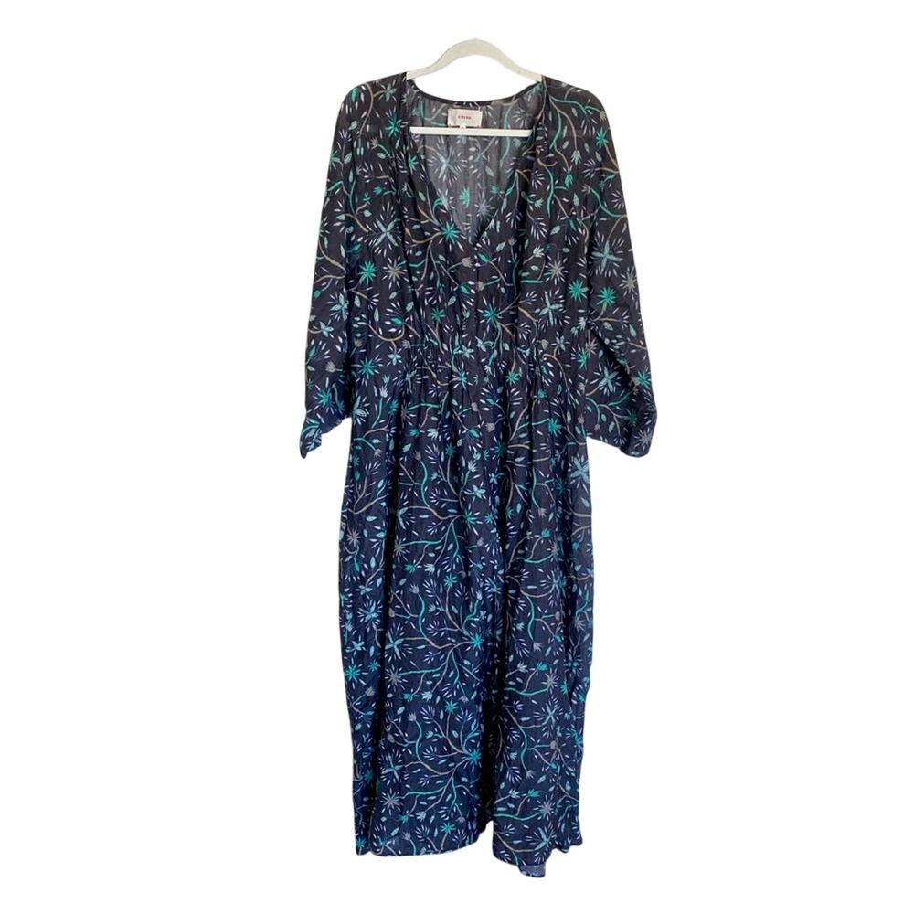 Xirena Boho Chic Cotton Silk Blend V-Neck Floral Graphite Mint Flowy Maxi Dress